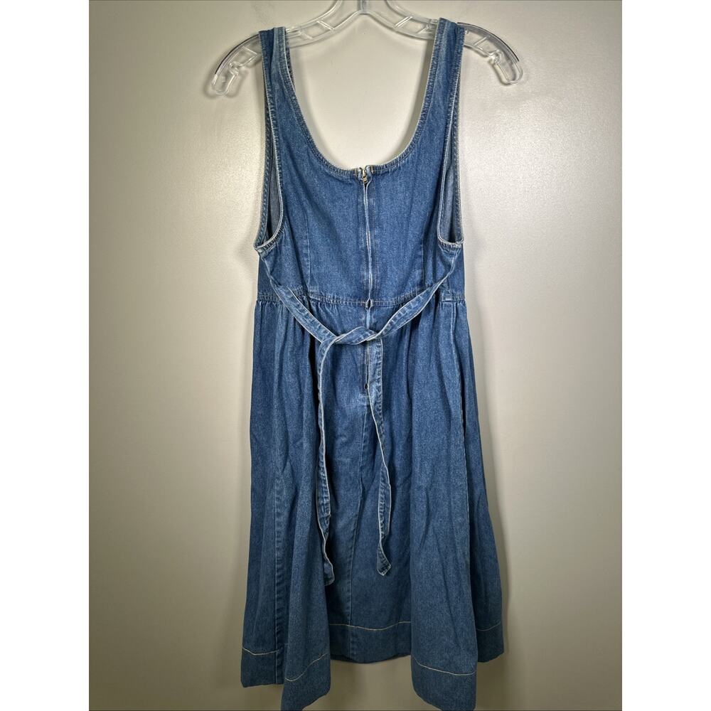 VTG Avocado Denim Dress 12 Tie Back Waist Blue 90s Y2K Cottagecore Square Neck - Picture 2 of 7